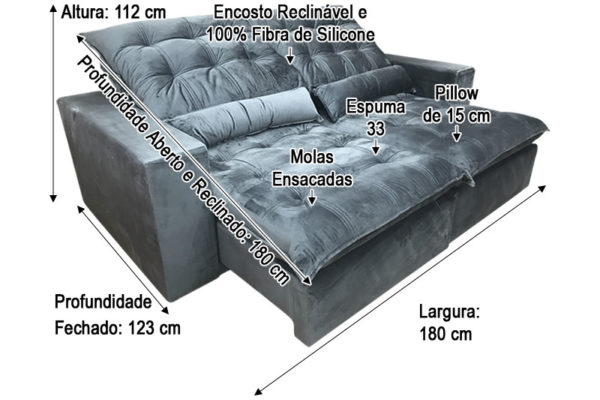 Sofá Retrátil 1.80 m - Modelo Laura - Cinza Escuro 330