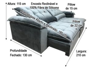 Sofá Retrátil 2.10 m - Modelo Campinas - Cinza Escuro 330