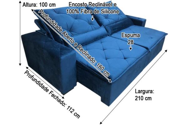 Sofá Retrátil 2.10 m - Modelo Esplendor - Azul 506