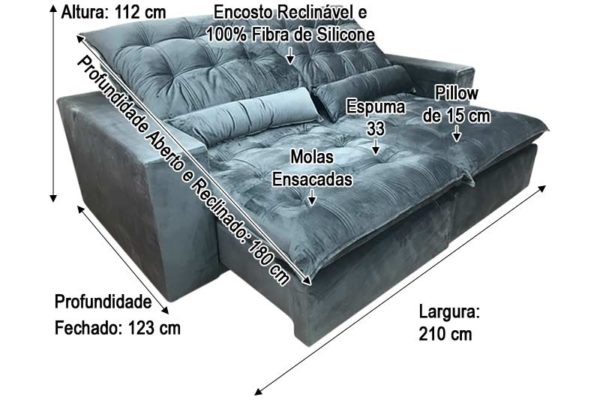 Sofá Retrátil 2.10 m - Modelo Laura - Cinza Escuro 330