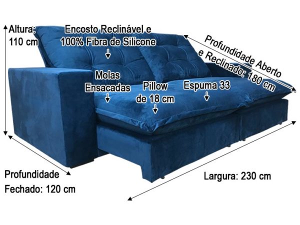 Sofá Retrátil 2.30 m - Modelo Porto Alegre - Azul 325