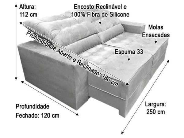Sofá Retrátil 2.50 m - Modelo Baruqui - Linho Cinza