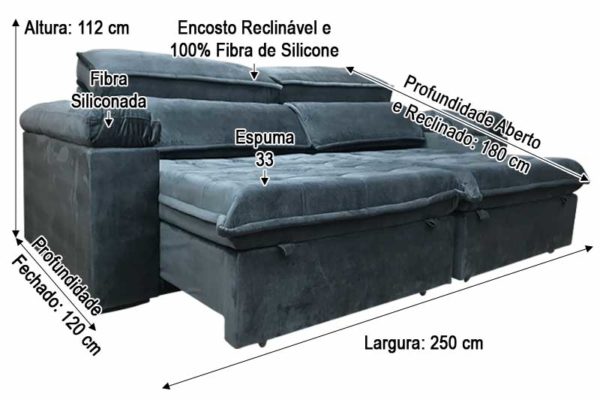 Sofá Retrátil 2.50 m - Modelo Vergas - Cinza Escuro 330 - Rio de Janeiro