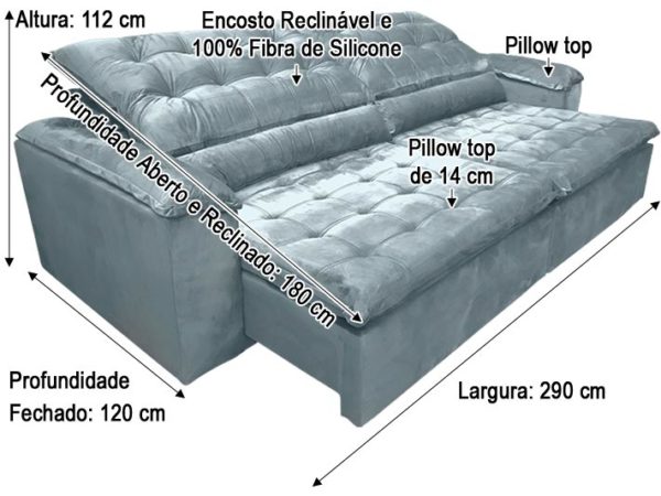 Sofá Retrátil 2.90 m - Modelo Fernanda - Cinza Escuro 330