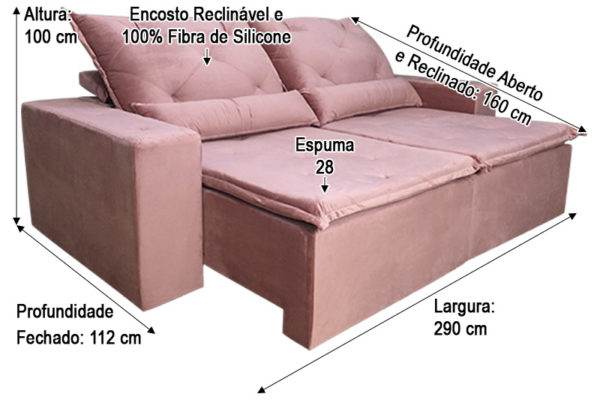 Sofá Retrátil 2.90 m - Modelo Portela - Rosa Escuro 10