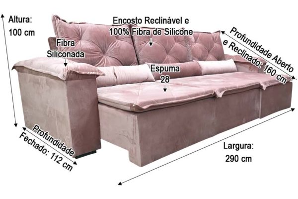 Sofá Retrátil 2.90 m - Modelo Quintela - Rosa Claro 508