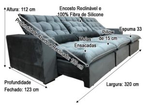 Sofá Retrátil 3.20 m - Modelo Laura - Cinza Escuro 330