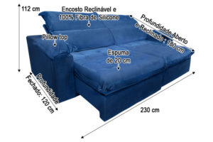 Sofá Retrátil Azul 2.30 m de Largura - Modelo Canada