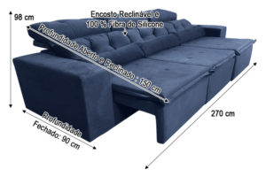 Sofá Retrátil Azul 2.70 m de Largura - Modelo Petros