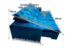 Sofá Retrátil Azul 2.90 m de Largura - Modelo Delta