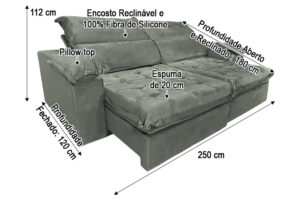 Sofá Retrátil Cinza 2.50 m de Largura - Modelo Toronto