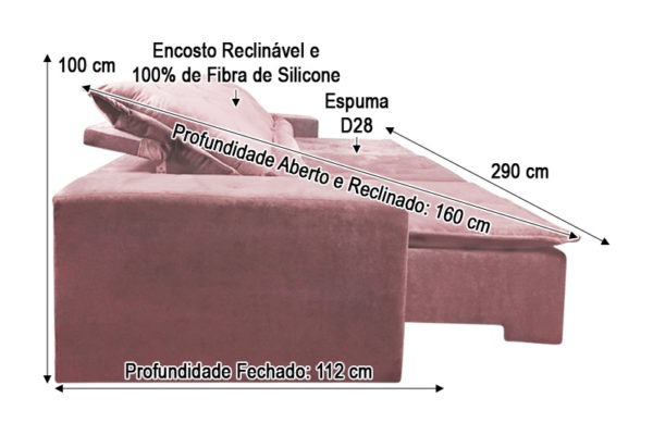 Sofá Retrátil Rosa 2.90 m de Largura - Modelo Delta
