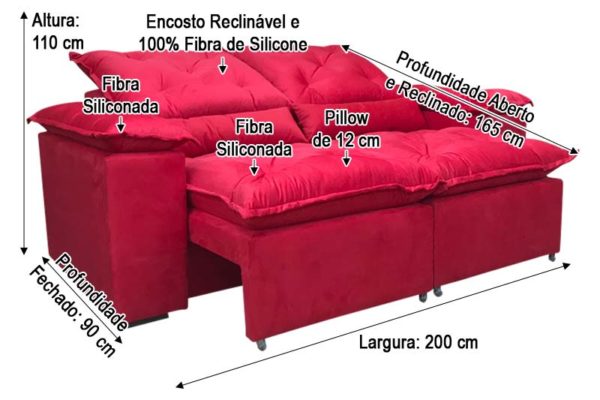 Sofá Retrátil Vermelho 2.00 m de Largura - Modelo Athenas