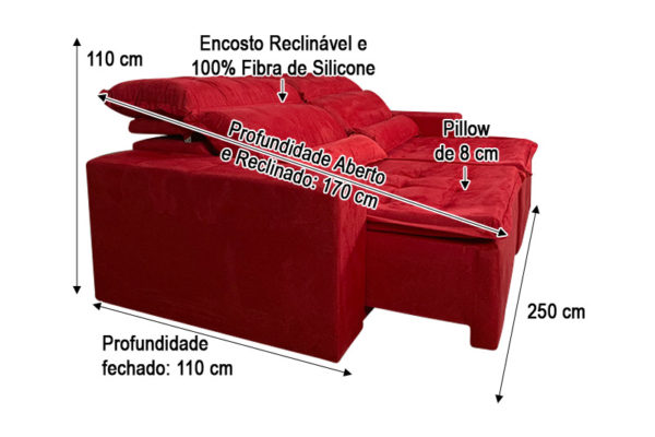 Sofá Retrátil Vermelho 2.50 m de Largura - Modelo Sandiego