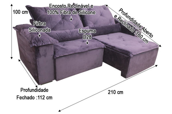 Sofá Retrátil Violeta 2.10 m de Largura - Modelo Zuqui